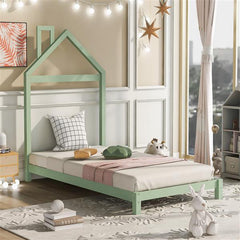 Green Twin Size Bed Frame with House Shape Headboard